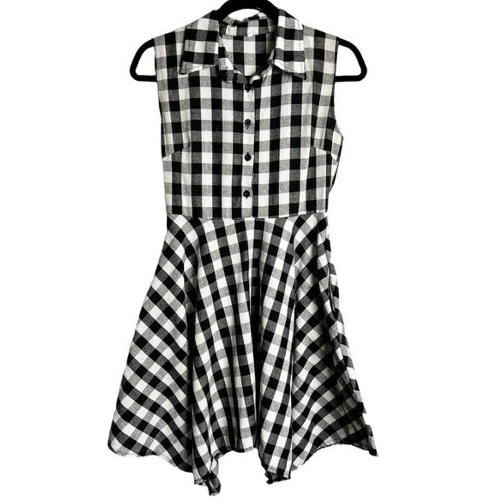 Women's Black & White Gingham Shirt Dress Sleeveless Hankerchief Hem - Sz. S